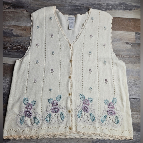 Koret Vintage Sweater Vest Size Women's Large Floal Embroidery Beading - Picture 1 of 11